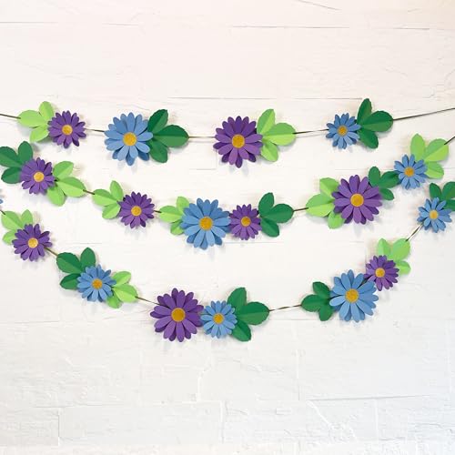 Image of Flower Bunting for Wall Decoration (Blue Daisy with Leaves)