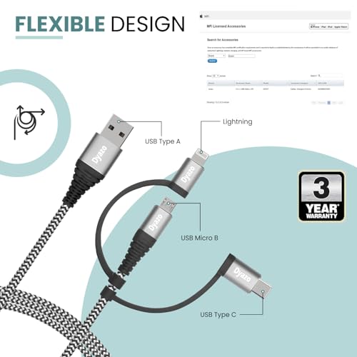 Image of 3 in 1 Universal Fast Charging Cable | Multi USB Charger Cord with Type C, Micro USB & Lightning Connectors | Nylon Braided Cable for Smartphones, Tablets & Devices - 3 Year Warranty (1.2M)
