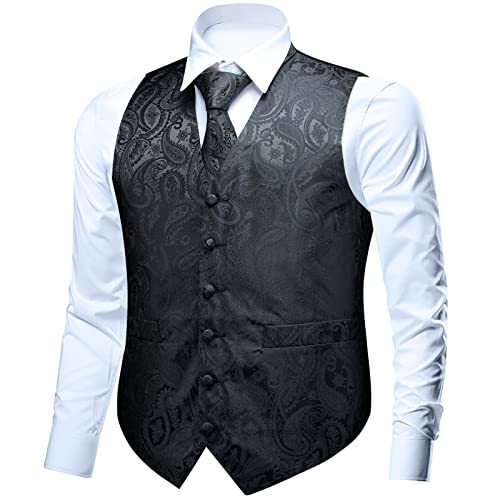 Faimo Men's Suit Vests, Mens Vests Dress Waistcoat For Suit Or Tuxedo, Business Formal Paisley Floral Black Vest For Men +Tie Pocket Square Set #TOP1