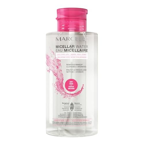 Marcelle Micellar Water, Dry + Sensitive Skin, with Hyaluronic Acid, Cleanses, Removes Makeup and Tones, Hypoallergenic, Oil-Free, Alcohol-Free, Fragrance-Free, Cruelty-Free, 400 mL