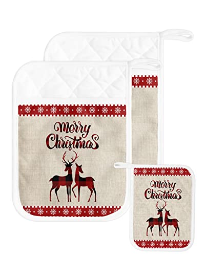 Merry Christmas Reindeer Pot Holders With Pocket For Kitchen, Heat-Resistant Potholders Set Of 2, Hot Pads Oven Mitts With Hanging Loops For Home Cooking Baking Microwave, Buffalo Check #TOP10