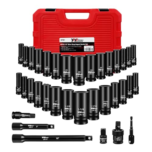 YIYITOOLS Set di 35 bussole a impatto profondo da 1/2", SAE da 3/8 a 1-1/4" e dimensioni metriche 10-24 mm, con barre di estensione, giunto universale e adattatore, 6 punte, acciaio CR-V per