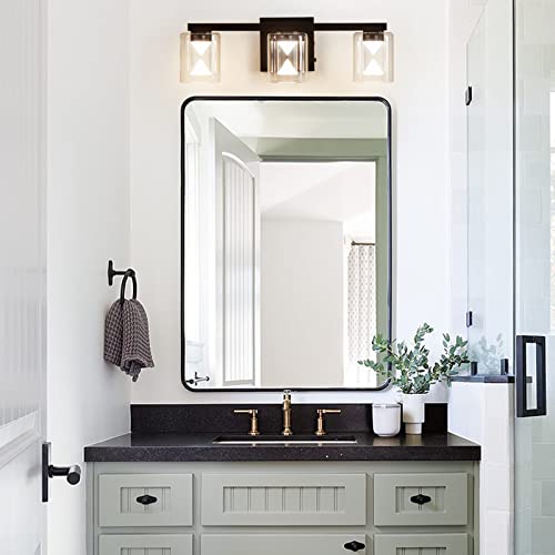 3 Light Bathroom Vanity Light, Black Bathroom Lights Fixtures Over Mirror With Dimmable 3-Color Hourglass Bulb & Clear Glass Shades, Modern Bathroom Wall Sconce Lighting , Vanity Lights For Bathroom #TOP6