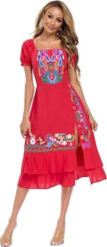 Image of YZXDORWJ Mexican Dress for Women Boho Embroidered Sexy Ruffle Maxi Dress Short Sleeve Summer Beach Wedding Party Dress