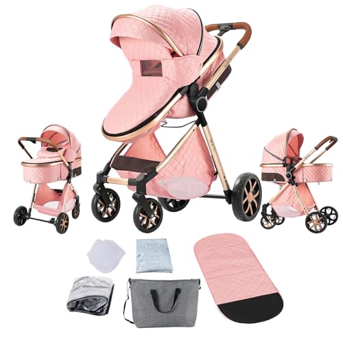 Image of 2 in 1 Baby Stroller with Bassinet, Reversible Newborn Foldable Pram, Infant High Landscape Pushchair, Portable Standard Stroller, Reclining Buggy, Baby Carriage (2USV9-PINK)