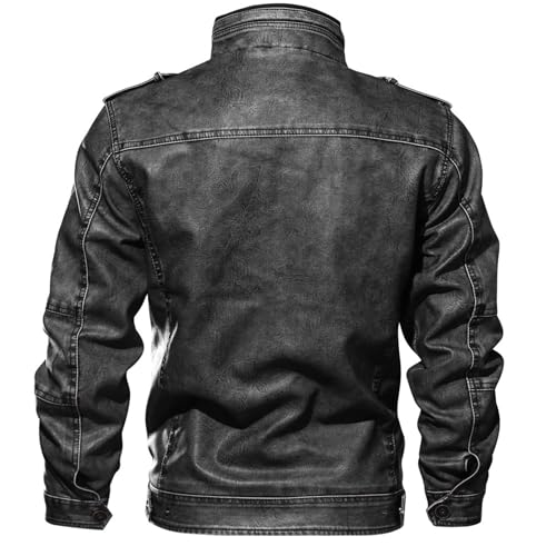 JEShifangjiusu Men's Vintage Military Style Faux Leather Jackets Stand Collar Motor Jacket Solid Leather Coat with Pockets3