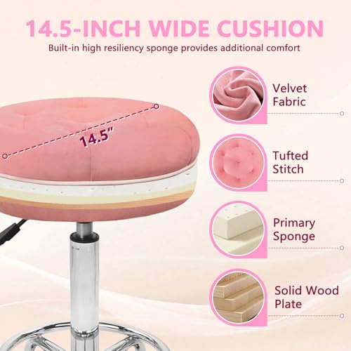 Image of KLASIKA Velet Rolling Bar Stool with Wheels, Tall Drafting Stool with Adjustable Height and Footrest, Multi-Purpose Office Desk Chair for Home Kitchen Shop Work, Pink (4PK)