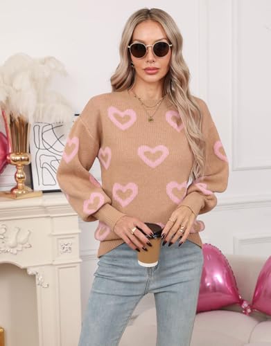 Image of Women's Long Sleeve Mock Neck Sweaters Loose Cute Heart Pullover Sweater