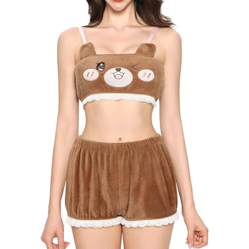 Landofgenie Ensemble de Pyjama pour Femmes Shorts et Crop Top Loungewear Fluffy Ensemble de Pyjama Loungewear pour Femmes Mignon Ours Brun XS