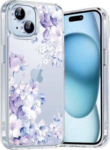 Image of VONZEE Clear Transparent Flower Cover for iPhone 15 Case Shockproof Floral Design Full Camera Protection Shockproof PC+TPU Cover Clear Transparent Flower Case for Girls & Women 6.1 inch (Purple)
