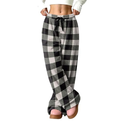 Wide Leg Pants for Women Comfort Checkered Plaid Flannel Elastic Waist Pant - image 6
