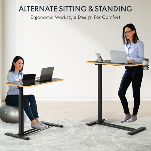 Image of FLEXISPOT H7 Adjustable Overbed Bedside Table with Wheels Pneumatic Mobile Standing Desk Laptop Desk Rolling Computer Cart Movable Overbed Table Hospital Home Use(31.5 inch W x 17.7 inch D, Black Maple Large)