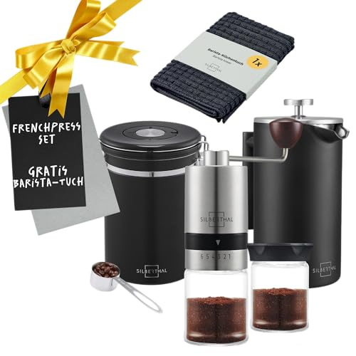 SILBERTHAL Kaffeemühle French Press Set - manuelle Handmühle mit Thermo Kaffeepresse 1l - Verstellbarer Mahlgrad - Edelstahl und Glas - Geschenkset für Kaffeeliebhaber und Vieltrinker
