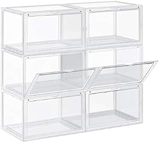 SONGMICS Shoe Boxes, Pack of 6 Stackable Shoe Organisers with Clear Door, Plastic Shoe Storage for UK Size 11, 36 x 28 x 22 cm, Transparent LSP06CW