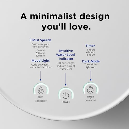 Image of Carepod One Plus Stainless Steel Humidifier for Large Room with Mood Light, Quiet & Safe for Baby, Only 3 Washable Parts, Easy to Clean Ultrasonic Cool Mist Humidifiers for Bedroom for 30Hrs (1Gal /4L)