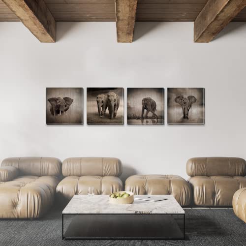 Elephant Wall Art Animals Canvas Painting African Elephant Décor 4 Pieces Framed Abstract Vintage Animal Print Pictures Contemporary Artwork For Home Living Room Bedroom Décor 12”X12” #TOP1