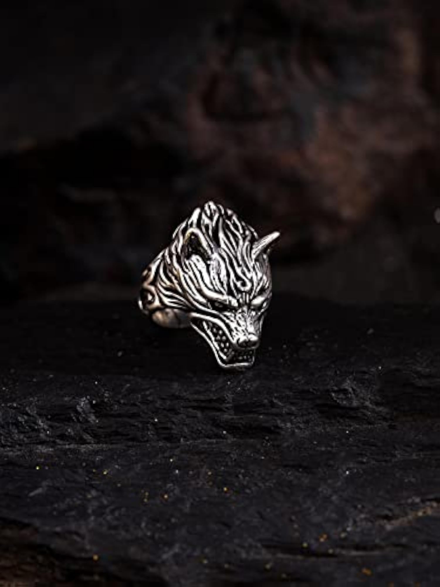 Rhodium Plated Wolf Design Finger Ring for Men