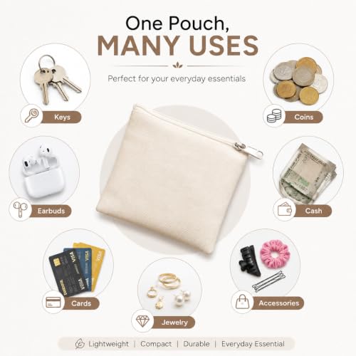 Image of Canvas by DIY Mini Chain Pouch 4x4 Inch | Multipurpose Cotton Canvas Storage Bag with Chain & Zip | Lightweight Portable Pouch for Coins, Keys, Earbuds, Cash, Cards & Accessories