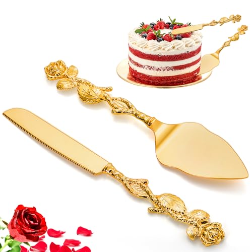 Wedding Cake Knife and Server Set, Gold Vintage Rose Cake Cutting Utensils, Cake Slice Set for Bridal Gift, Cakes Cutter Set for Birthday, Party, Anniversary, Valentine's Day, Pizza, Pie