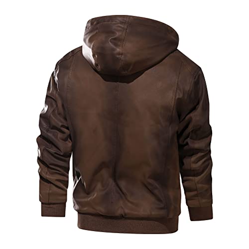 Men's Casual Faux Leather Motorcycle Jacket Stand Collar Fall Winter Jacket With Removable Hood #TOP2