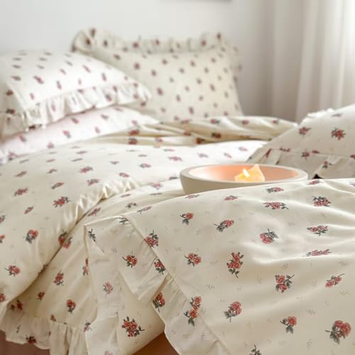 Image of MKXI Twin Size Floral Duvet Cover Set - 3 Piece White Ruffled Bedding with Red Botanical Blooms, 100% Cotton Soft Comforter Cover & Pillowcases, Romantic Shabby Chic Aesthetic, Zipper Closure