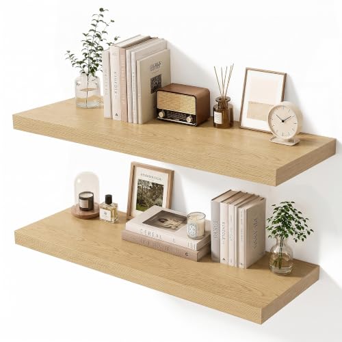 Natural Homi Floating Shelves for Wall 10 Inch Deep,28 Inch Width Wall Mounted Storage and Display for Living Room, Bedroom, Kitchen, Bathroom Set of 2 (Oak)