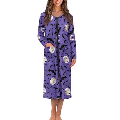 Halloween Nightdress Zip Up Robes for Women Full Length Nightgown Soft Housecoat with Pockets Long Sleeve Nighties
