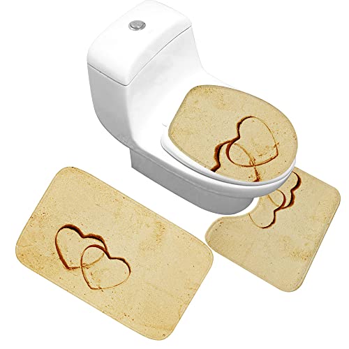 Badematten Set,Badematten Teppich-Set 3-Teiliges Doppelherz Am Strand 3D-Druck Rutschfeste Badematten Weiche Mikrofaser…