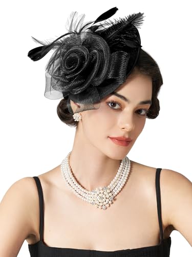 SWEETV Flower Sinamay Tea Party Fascinators for Women, Kentucky Derby Hats for Church, Cocktail, Wedding, Fancy Dress Party, Black