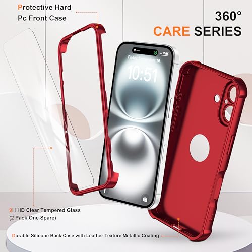 Image of ORETECH 3 in 1 for iPhone 16 Case with 2 x 9H Screen Protector,Red | Full Body Shockproof Design Smooth Texture,15FT Military Grade, Camera Lens Shield, with Armor Front Frame Protection