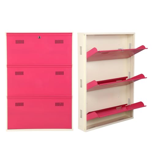 Image of Metal Shoe Rack Wall Mounted for Home with Central Locking |3 Door 28 inch Wall Mounted Metal 9 Pair Shoe Rack Cabinet | Pre-Assembled Rack Shelves |3 Year Warranty (Pink & Ivory)