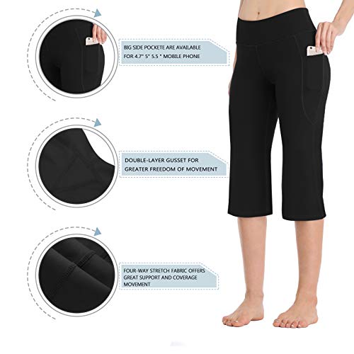 Hiskywin Women's Yoga Capri Pants Flare Workout Bootleg Pants Bootcut Crop Side Pockets Hf821-Black-L #TOP4