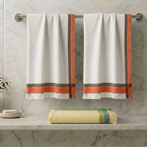 Athom Living Light Weight Cotton Premium Waffle Border Bath Towel 75x150 cm Pack of 3