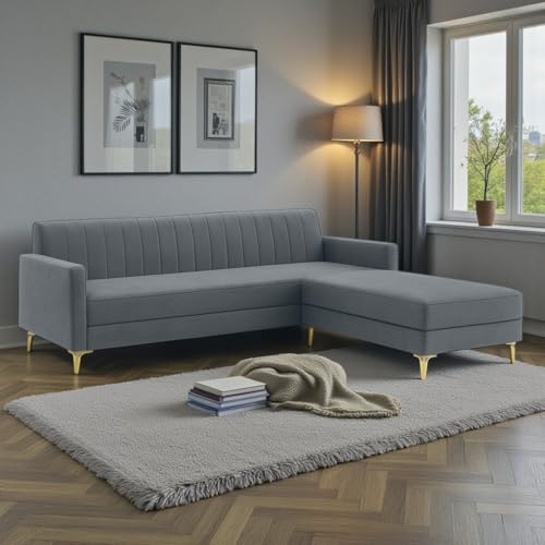 Image of SOCOZI Morello 4 Seater L Shape Sofa Set with Movable Ottoman | Flexible Left or Right Layout | Soft Velvet Suede Fabric | Modern Design | Plush Comfort Cushions for Living Room (Dark Grey)