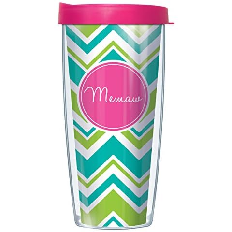 Signature Tumblers Memaw Hot Pink Insignia Wrap on Teal and Lime Chevron 16 Ounce Double-Walled Travel Tumbler Mug with Hot Pink Easy Sip Lid Cover