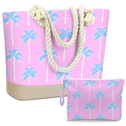 Birthday Gift idea! / BELLOWDEER Beach Bags for Women, Wet Bag Cosmetic Bag, Pool Waterproof Pink Palm Tree Shoulder Tote Bags With Zipper for Toiletries Beach, Summer Travel Essentials, Gifts for Women Birthday Set of 2