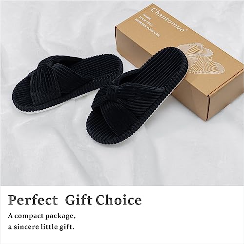 Image of Chantomoo Slippers for Women Memory Foam House Bedroom Corduroy Bow Crossbands Slipper Shoes Comfy Trendy Gift Slippers