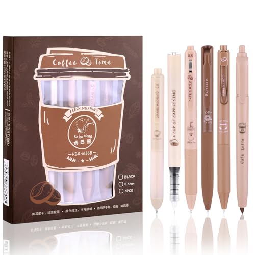 Andibro Cute Coffee Pens, 0.5mm Fine Point Black Ink Pen 5Pcs Gel Ink Pens Retractable Pens and 1Pcs Highlighter Smooth Writing Pens Kawaii School Office Supplies Aesthetic Quick Dry Ink Pens