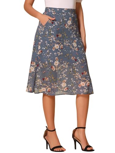 Jupe mi-longue en mousseline de soie au style vintage floral gris bleu