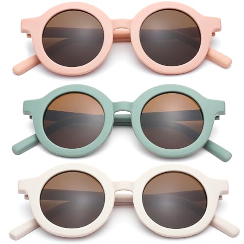DIMENSIP Toddler Sunglasses for Girls Boys - Kids Round UV400 Protection Glasses Age 2-8(Pink/Brown + Green/Brown + Beige/Brown)
