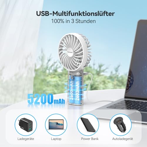 Handventilator Tecknet Tragbar mit 5200mAh Akku und 3 Geschwindigkeiten