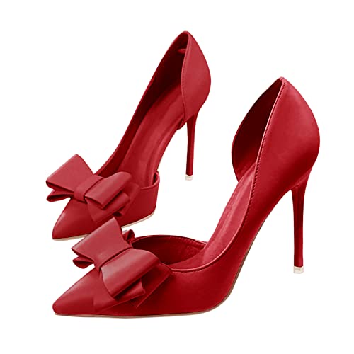 Image of Womens Bow Heels Closed Pointed Toe Dress Shoes Stiletto Slip on Wedding Pumps