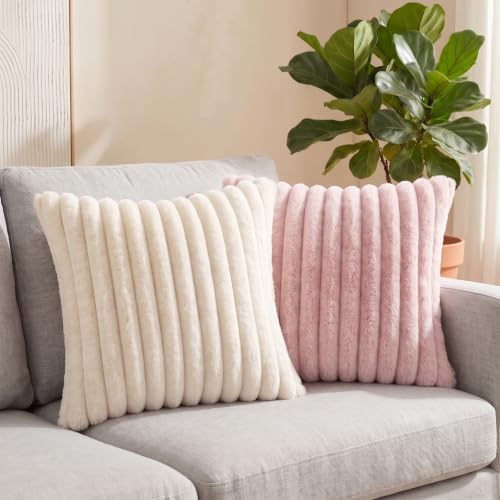 MEGAYES Pack of 2 Throw Pillow Covers 18x18 Decorative Solid Plush Faux Fur with Soft Velvet Back, Square Striped Cushion Cases Modern Farmhouse Home Decor for Living Room Couch Sofa Bed Cream White — view 7
