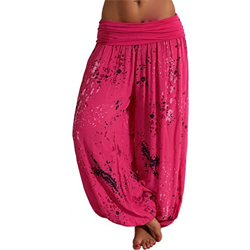 Maiyifu-GJ Women's Printed Wide Leg Palazzo Pants Loose Fit Casual Beach Harem Trousers Summer Soft Baggy Lounge Pant (Rose Red,XX-Large)