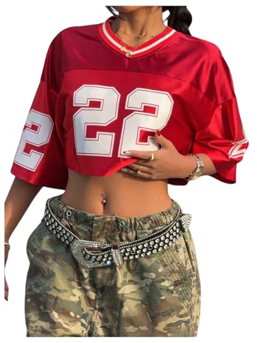 WDIRARA Women's Jersey Shirts Number Graphic Short Sleeve V Neck Tee Loose Crop Top