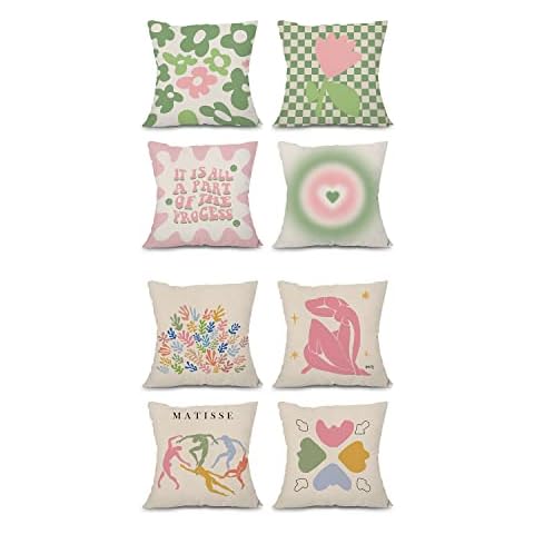 heilkee Danish Pastel Room Decor Sage Green and Pink Throw Pillow Covers Set of 4 Matisse Decor Square Decorative Soft Pillowcase for Teens Girls Bedroom College Dorm Sofa,18x18 Inches Cover