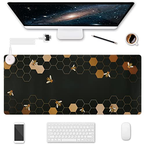 HAOCOO Beheiztes Mauspad, Beheizte Schreibtischunterlage, Gaming Mausunterlage 80x33cm, Leder, Heizung mit konstanter Temperatur (EU-Stecker), Große Mausunterlage für das Büro zu Hause, Biene Cover