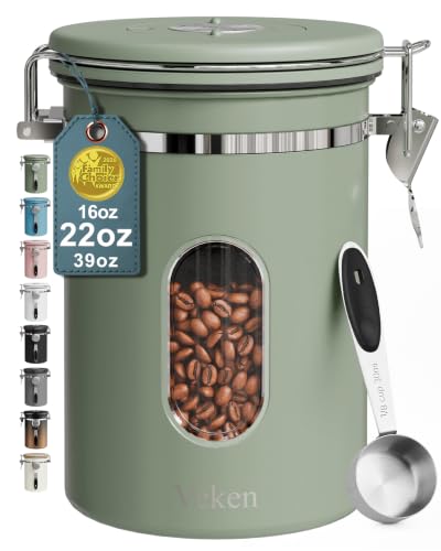 Image of Veken Coffee Canister with Window, Airtight Stainless Steel Container, 22OZ | Date Tracker,Kitchen Food Storage Organizers for Beans, Ground, Espresso, Rice,Tea, Sugar,Cereal, Gifts,Lids,Jars,Scoop,Green