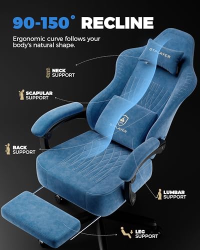 Image of GTPLAYER Gaming Chair for Adults, Ergonomic Video Game Chairs, Footrest & Linkage Armrest, Reclining High Back Silla Gamer with Wider Seat for Home Office, Ace Pro, Blue(Velvet)