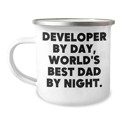 Developer By Day, World's Best Dad By Night. Gift for Developer Birthday Camping Mug, Stainless Steel with Enamel Finish, 12 oz Capacity, Perfect for Developer Enthusiasts